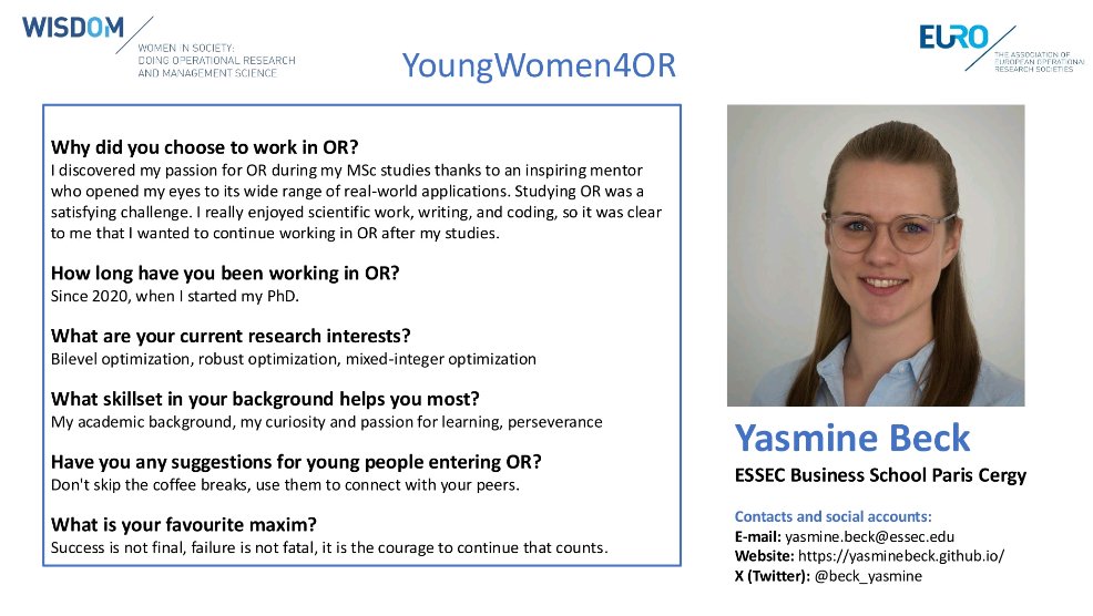 euro_wisdom's tweet photo. Congratulations to @beck_yasmine from @essec for being the January 2025 #YW4OR awardee!! #orms #WomenInSTEM https://t.co/fg1GIgmq8t