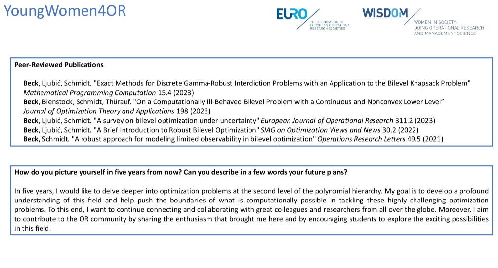 EURO WISDOM (@euro_wisdom) on Twitter photo Congratulations to @beck_yasmine from <a href="/essec/">ESSEC Business School</a> for being the January 2025 #YW4OR awardee!! #orms #WomenInSTEM Congratulations to @beck_yasmine from <a href="/essec/">ESSEC Business School</a> for being the January 2025 #YW4OR awardee!! #orms #WomenInSTEM