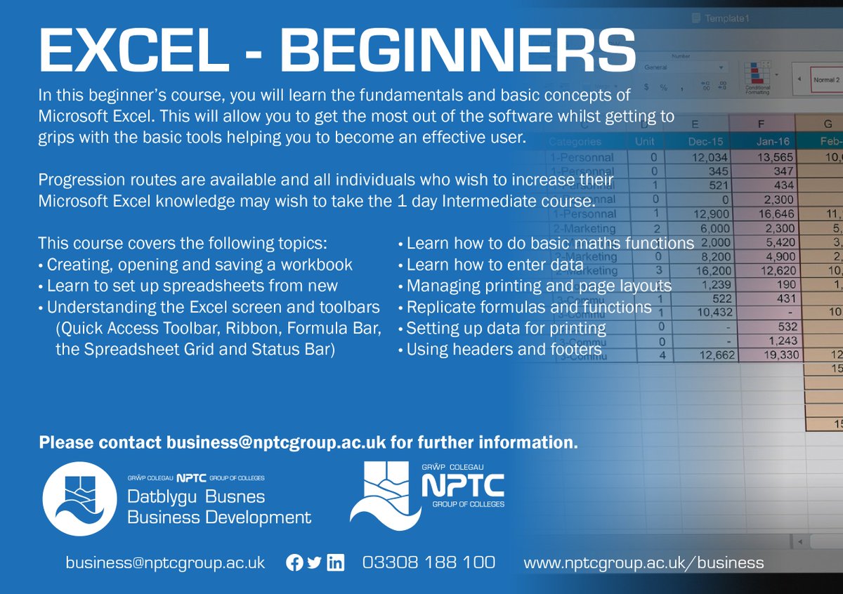 Spaces Available!

We are running a Excel Beginners Level 1 course on 24/03/2025. #Funding is available, subject to eligibility!

Please contact us at business@nptcgroup.ac.uk for further information.

Funding: bit.ly/Funding-Opport…