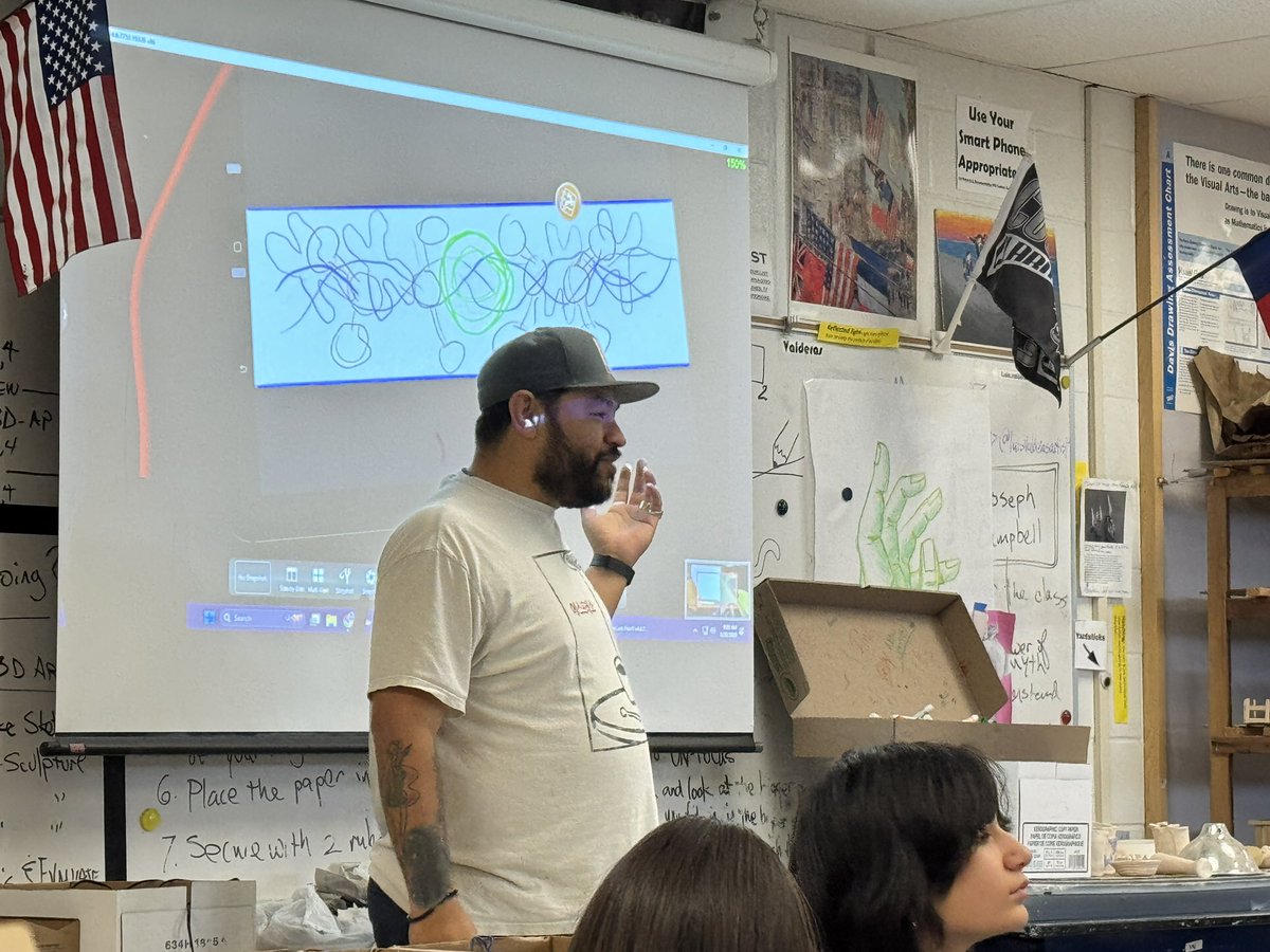 ValsArtClass's tweet photo. The Wabi Sabi man himself-Albert Gonzalez presenting to the class for the Legacy Project at Clark High School sponsored by the UTSA Artist In Residence program UTSA PaCE department #UTSAPaCE #nisdcreates #nisdfinearts https://t.co/q6jnxetXV6