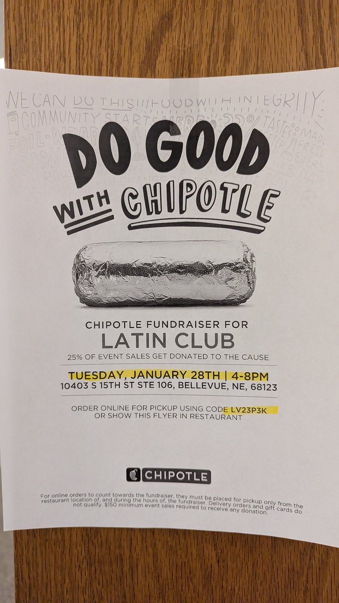MrsSedlacekBW's tweet photo. Support my student travelers by eating at Bellevue Chipotle from 4-8pm.  Mention Bellevue West Latin Club!!
This helps us with our travel t-shirts for our trip! 
Thank you for your support! https://t.co/4fR6yLQ0j3
