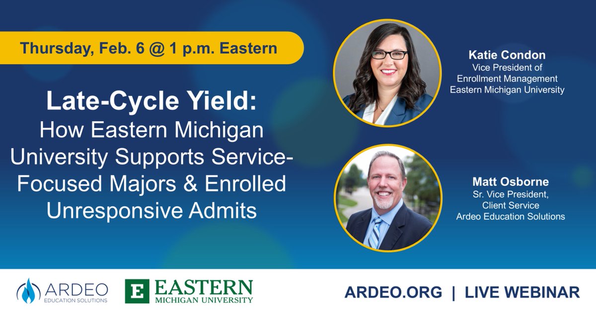 Looking for a yield tool to help move unresponsive admitted students to deposit and enroll? Join our webinar with Eastern Michigan University Thursday, 2/6 at 1 p.m. ET to hear what they did to boost enrollment late in the cycle. #enrollmentmgmt loom.ly/AsL4haI