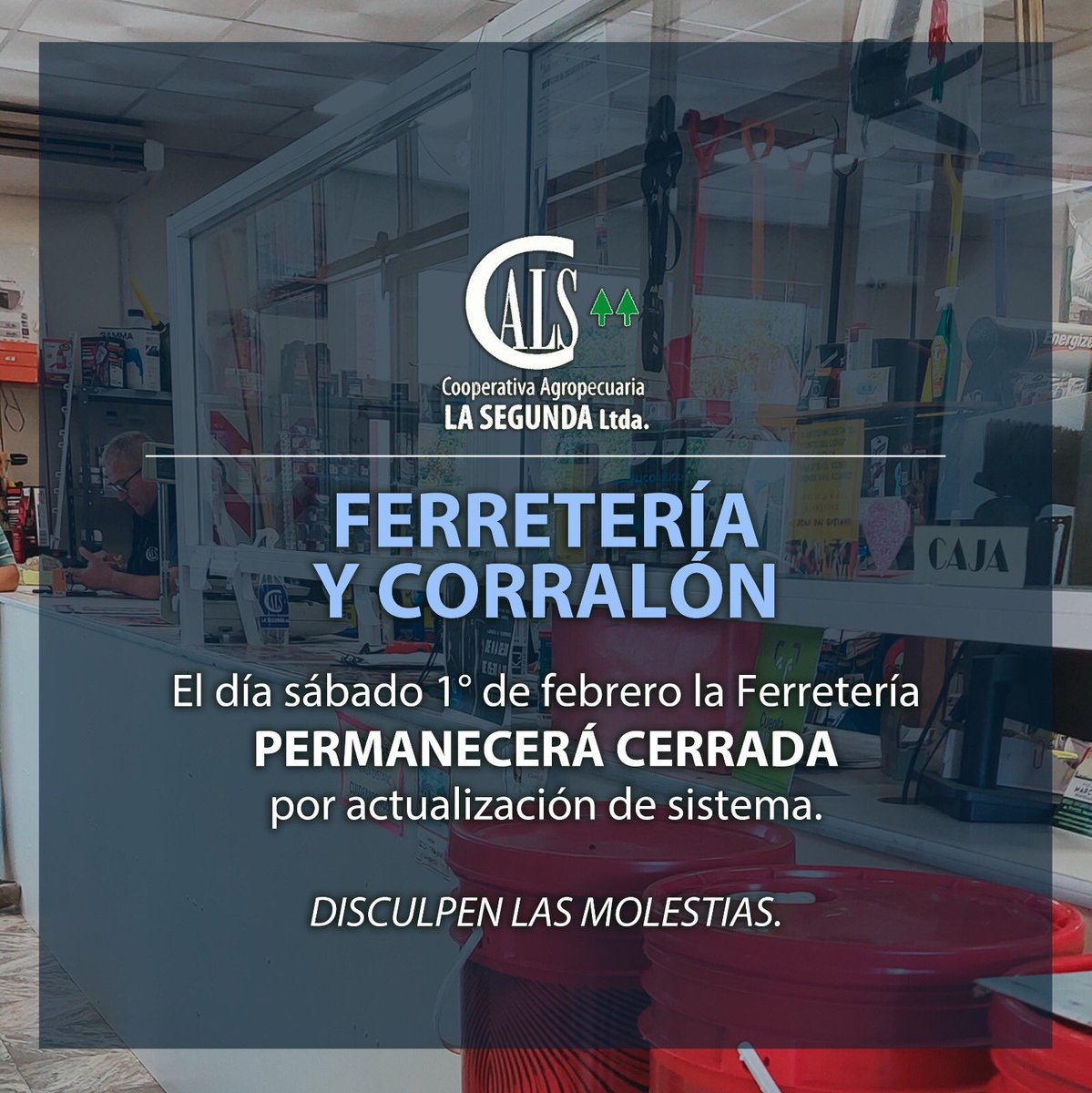 calasegunda's tweet photo. El día Sábado 1 de Febrero la FERRETERÍA PERMENECERÁ CERRADA por actualización de sistema.

Disculpen las molestias.

👩‍💻👨‍💻Seguinos en nuestras redes sociales @calasegundaltda y conocé mucho más de lo que ofrecemos.

#agroinsumos #ladulce #necochea #servicios #agropecuaria https://t.co/PcQpOZjJOn