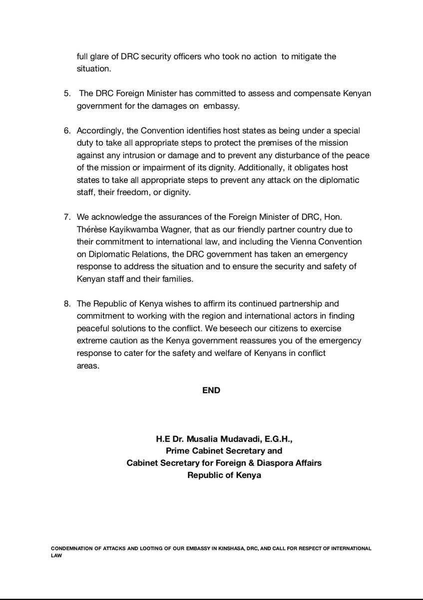 Office of the Prime Cabinet Secretary (OPCS-MFDA) (@officepcs_ke) on Twitter photo CONDEMNATION OF ATTACKS AND LOOTING OF OUR EMBASSY
IN KINSHASA, DRC, AND CALL FOR RESPECT OF INTERNATIONAL
LAW.
<a href="/KENYAinDRC/">KENYA EMBASSY DRC</a> <a href="/ForeignOfficeKE/">State Department for Foreign Affairs | Kenya</a> CONDEMNATION OF ATTACKS AND LOOTING OF OUR EMBASSY
IN KINSHASA, DRC, AND CALL FOR RESPECT OF INTERNATIONAL
LAW.
<a href="/KENYAinDRC/">KENYA EMBASSY DRC</a> <a href="/ForeignOfficeKE/">State Department for Foreign Affairs | Kenya</a>