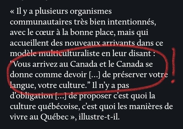 PhilChose's tweet image. Le #multiculturalisme  est une valeur canadienne, ce n'est pas une valeur québécoise.
Ici, tu immigres, tu t'intègres. Ta langue, ta culture deviennent accessoires. Il n'y a pas de place pour plusieurs sociétés dans la société. Notre société, nos mœurs, nos règles.
Si ça ne te va