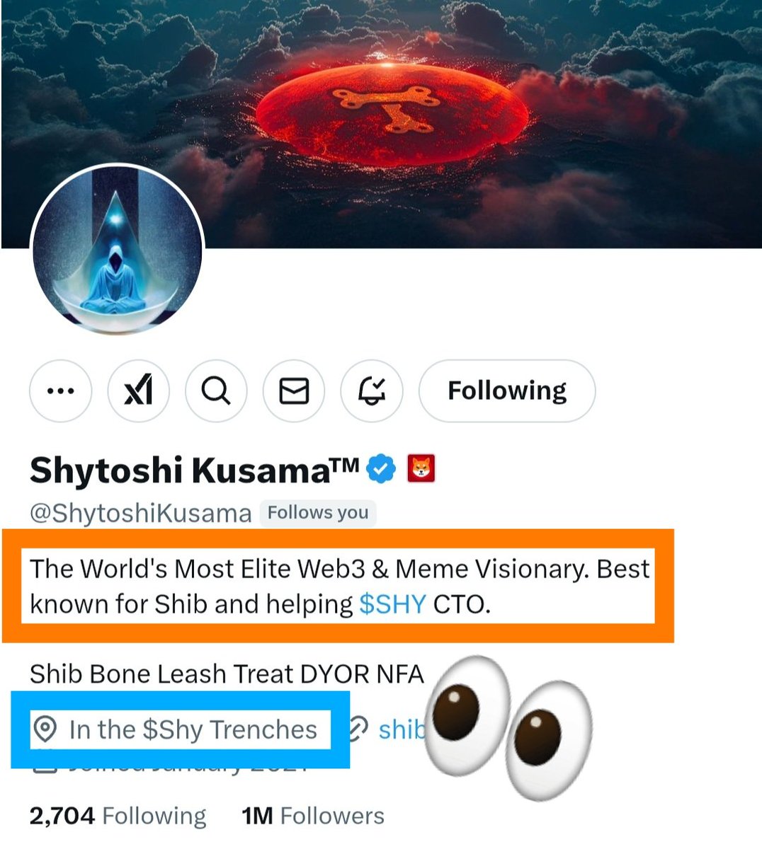 kuro_9696_9696's tweet photo. Shytoshi Kusama's bio and current location is...
👀

The World's Most Elite Web3 &amp; Meme Visionary. 
Best known for Shib and helping $SHY CTO.

📍In the $Shy Trenches

🤔 https://t.co/xbcm99A9od