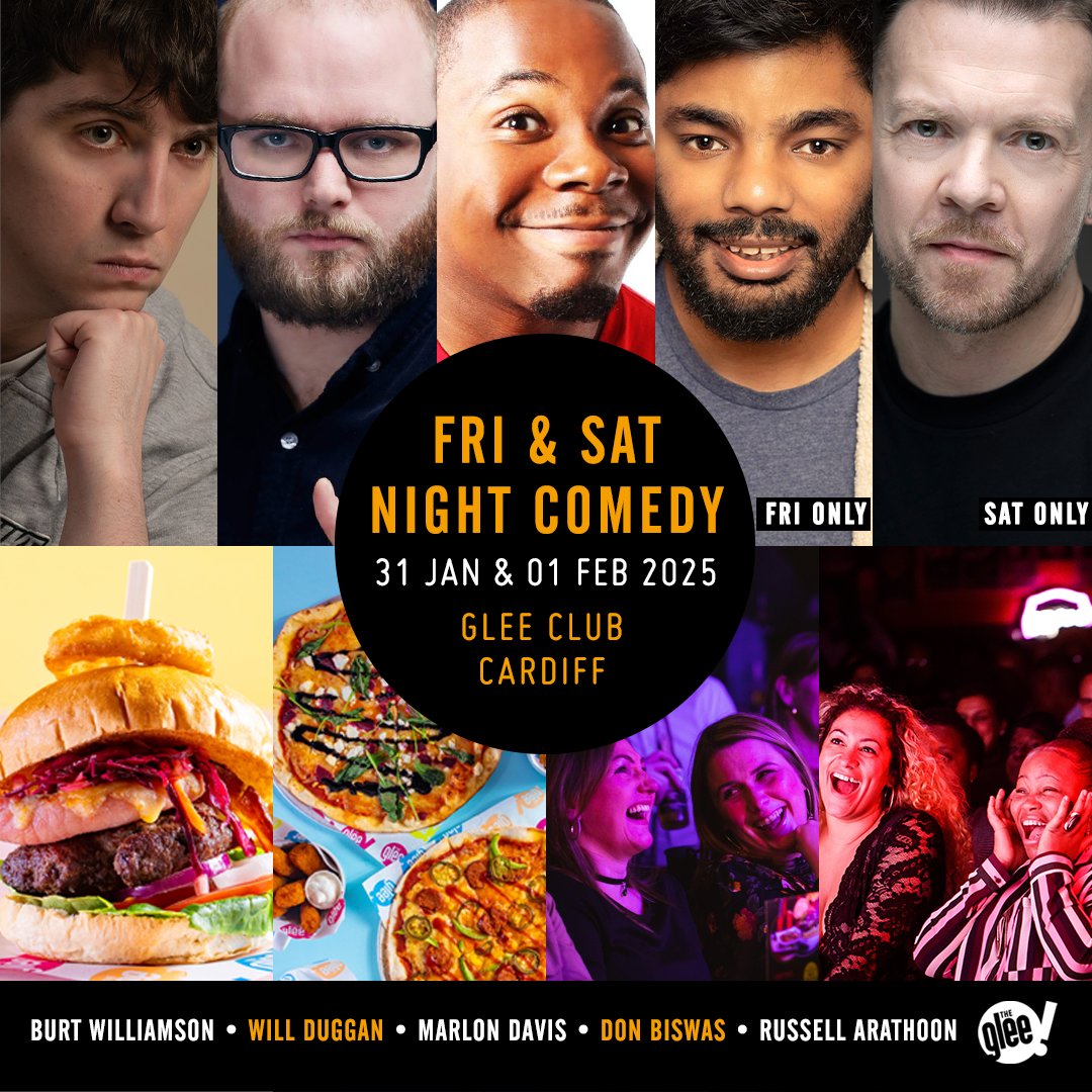 The Glee Club Cardiff (@gleeclubcardiff) on Twitter photo 📅 Friday & Saturday Night Comedy, featuring <a href="/burtcomedian/">Burt Williamson</a>, <a href="/Willduggan/">Will Duggan</a>, <a href="/Marlon_Davis/">🙅🏾♂️</a>, <a href="/DonBiswascomedy/">Don Biswas</a> (Fri only) & <a href="/russellarathoon/">Russell Arathoon</a> (Sat only)
Superb stand-up comedians & a great range of tasty food
Tickets 🎟 bit.ly/CardiffWeekend… 📅 Friday & Saturday Night Comedy, featuring <a href="/burtcomedian/">Burt Williamson</a>, <a href="/Willduggan/">Will Duggan</a>, <a href="/Marlon_Davis/">🙅🏾♂️</a>, <a href="/DonBiswascomedy/">Don Biswas</a> (Fri only) & <a href="/russellarathoon/">Russell Arathoon</a> (Sat only)
Superb stand-up comedians & a great range of tasty food
Tickets 🎟 bit.ly/CardiffWeekend…