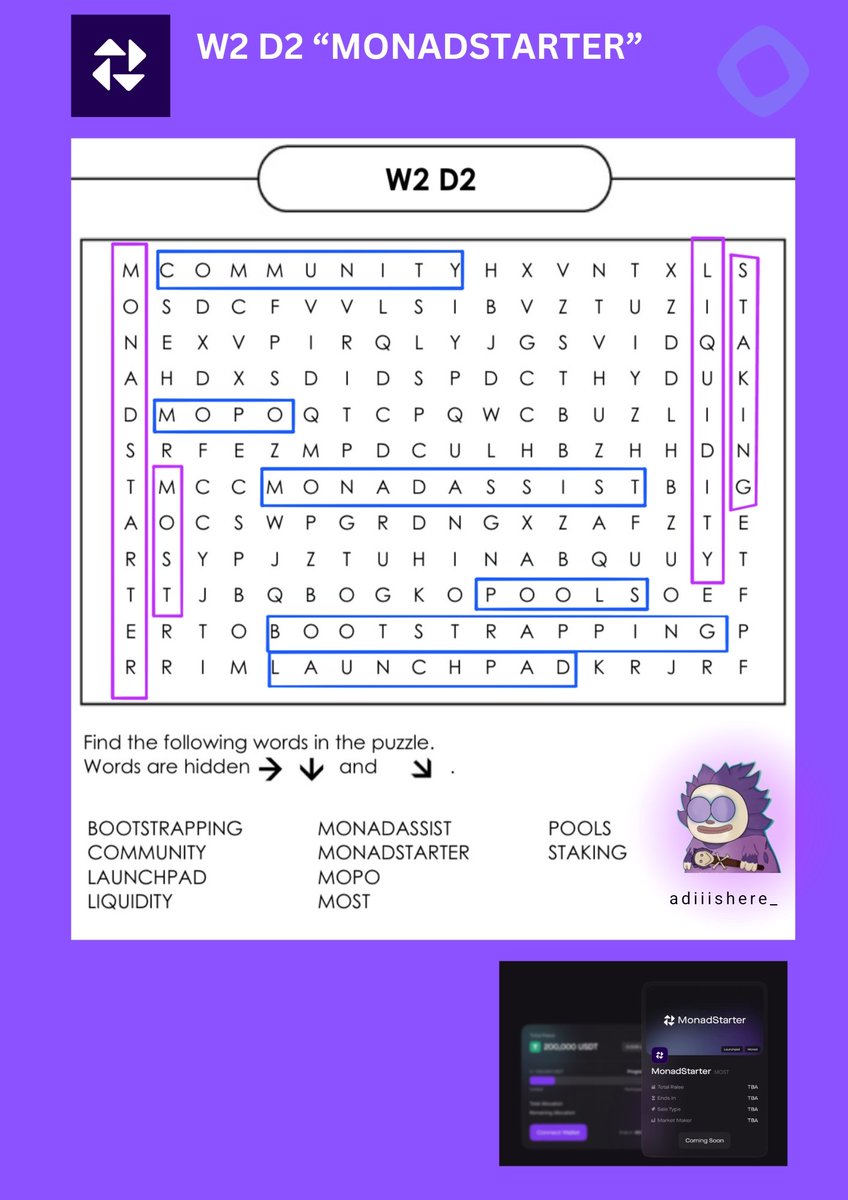 adiiishere_'s tweet image. #W2D2 weekly challenge Day 2, from the Indonesian community♥️💜
&quot;Find Words&quot;
Done👌

LFG 
@monadverse
@monad_starter