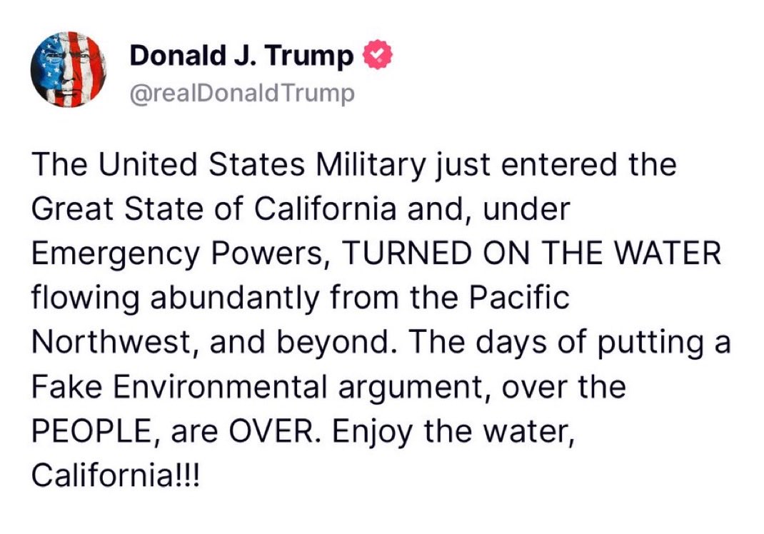 BOOM

The water is ON in California!

Newsom cares far more about fish than the people of California 

Trump delivers while Democrats ignore their citizens.