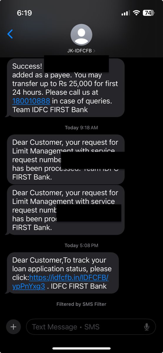 yourdatahq's tweet photo. @IDFCFIRSTBank Next up I receive this SMS from your official number to track my loan application when I never applied for one. What is even going on with data security in your bank and how much access have you given your staff and others to our data? https://t.co/Z3ketIcTtQ
