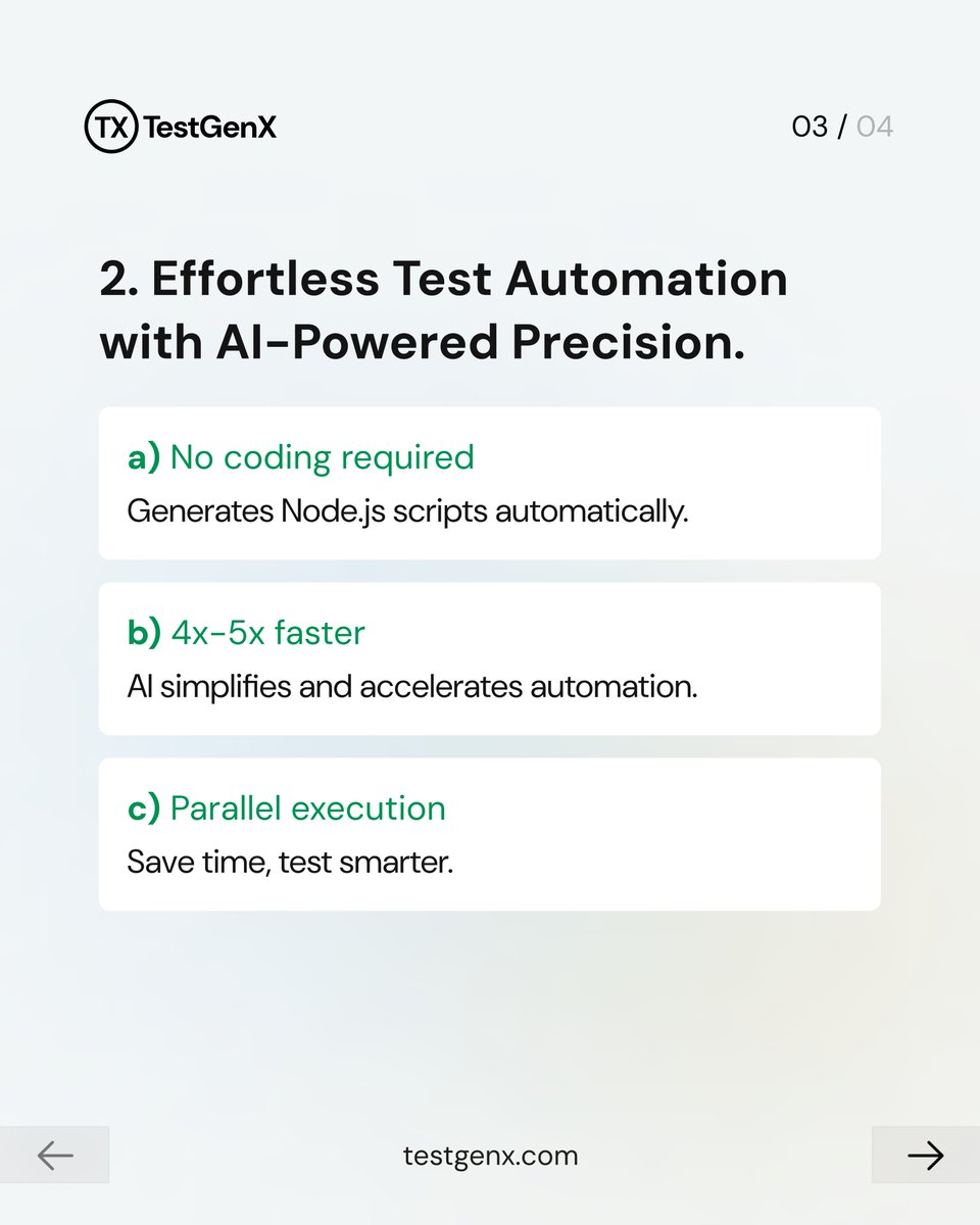 testgenx's tweet photo. 🚀 Test Smarter, Not Harder with TestGenX!

Say goodbye to slow manual testing &amp; complex automation. Effortless, no-code for everyone.

✔️ No coding required
✔️ 4x-5x faster
✔️ Parallel execution
Transform your QA process today!

#testing #automationtesting #techinsight #alphabin https://t.co/Pw9Dazm4F1