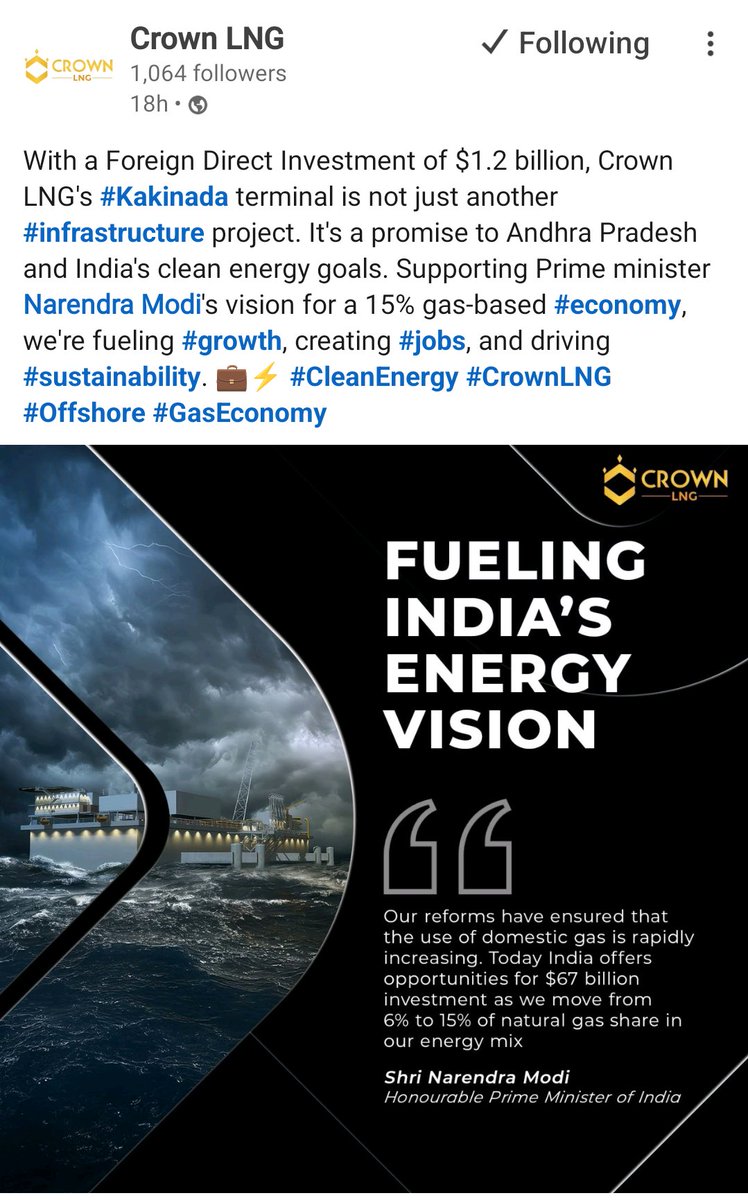 introvert123_'s tweet photo. Official from Norwegian company Crown Lng Kakinada project

World's 2nd Gravity based structure after Italy.

India's 2nd largest regasification lng terminal with a capacity of 7.2MT with
$1.2 Billion. 

Kakinada will become -the Houston of India.
#kakinadadeservesairport https://t.co/8bvFHm3cAC