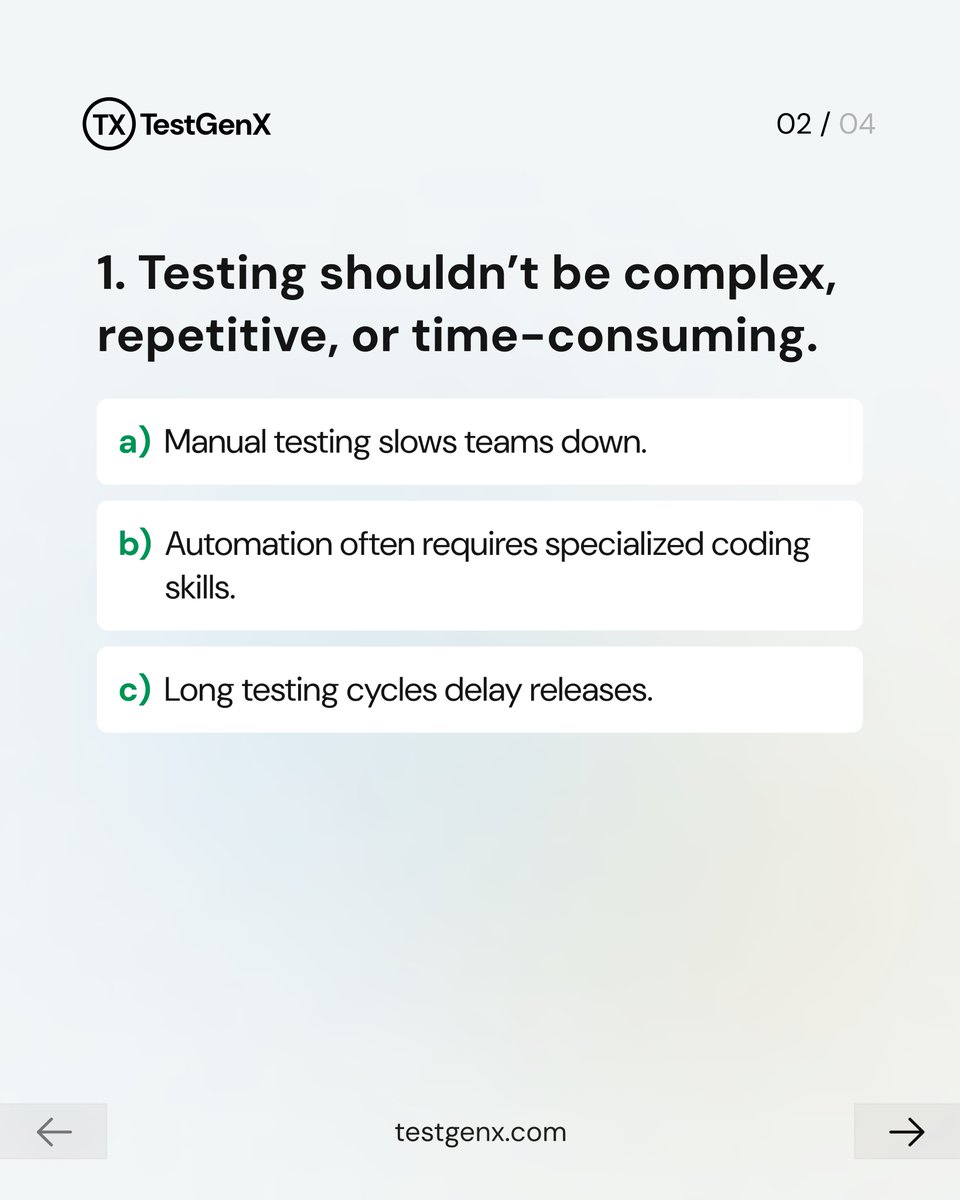 testgenx's tweet photo. 🚀 Test Smarter, Not Harder with TestGenX!

Say goodbye to slow manual testing &amp; complex automation. Effortless, no-code for everyone.

✔️ No coding required
✔️ 4x-5x faster
✔️ Parallel execution
Transform your QA process today!

#testing #automationtesting #techinsight #alphabin https://t.co/Pw9Dazm4F1