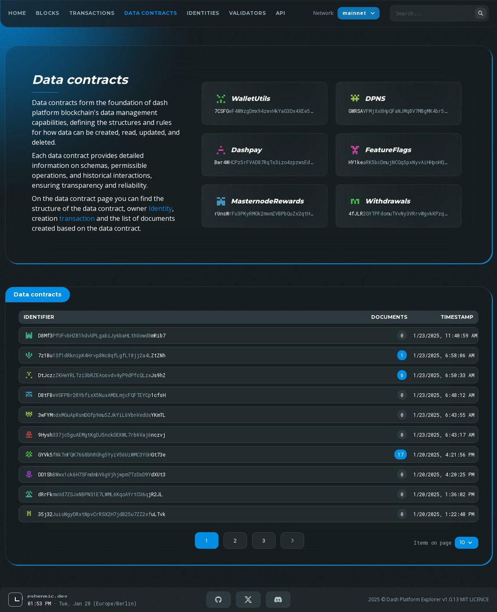 AlexeyTripleA's tweet image. Last week we updated the data contracts page:
platform-explorer.com/dataContracts

Now we are working on the specific data contract page and soon you will see it.

#DASH #DashPlatform #PlatformExplorer #Blockchain