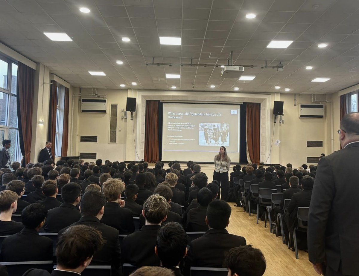 MsC_History's tweet photo. This week I’m delivering a series of assemblies to KS3, 4 and 5 on Holocaust Memorial Day’s theme #ForABetterFuture 🕯️ Thank you to Jared, Henry and Priyansh for reading testimonials of individuals who have survived genocides to show how we can live for a better tomorrow @shsrbk https://t.co/zioFYjgfhq