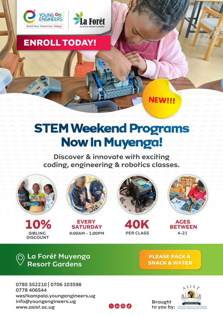 Young Engineers Uganda (@youngengneersug) on Twitter photo YOUNG ENGINEERS UGANDA LAUNCHES MUYENGA CENTRE TO FOSTER #STEM EDUCATION!
Kampala , Uganda - January 28, 2025: <a href="/YoungEngneersUG/">Young Engineers Uganda</a> , a leading provider of #STEM education, run by <a href="/ASIST_Uganda/">African School of Innovations Science & Technology</a> has opened a centre in Muyenga.
Located at La Foret, Muyenga Resort Gardens, the YOUNG ENGINEERS UGANDA LAUNCHES MUYENGA CENTRE TO FOSTER #STEM EDUCATION!
Kampala , Uganda - January 28, 2025: <a href="/YoungEngneersUG/">Young Engineers Uganda</a> , a leading provider of #STEM education, run by <a href="/ASIST_Uganda/">African School of Innovations Science & Technology</a> has opened a centre in Muyenga.
Located at La Foret, Muyenga Resort Gardens, the