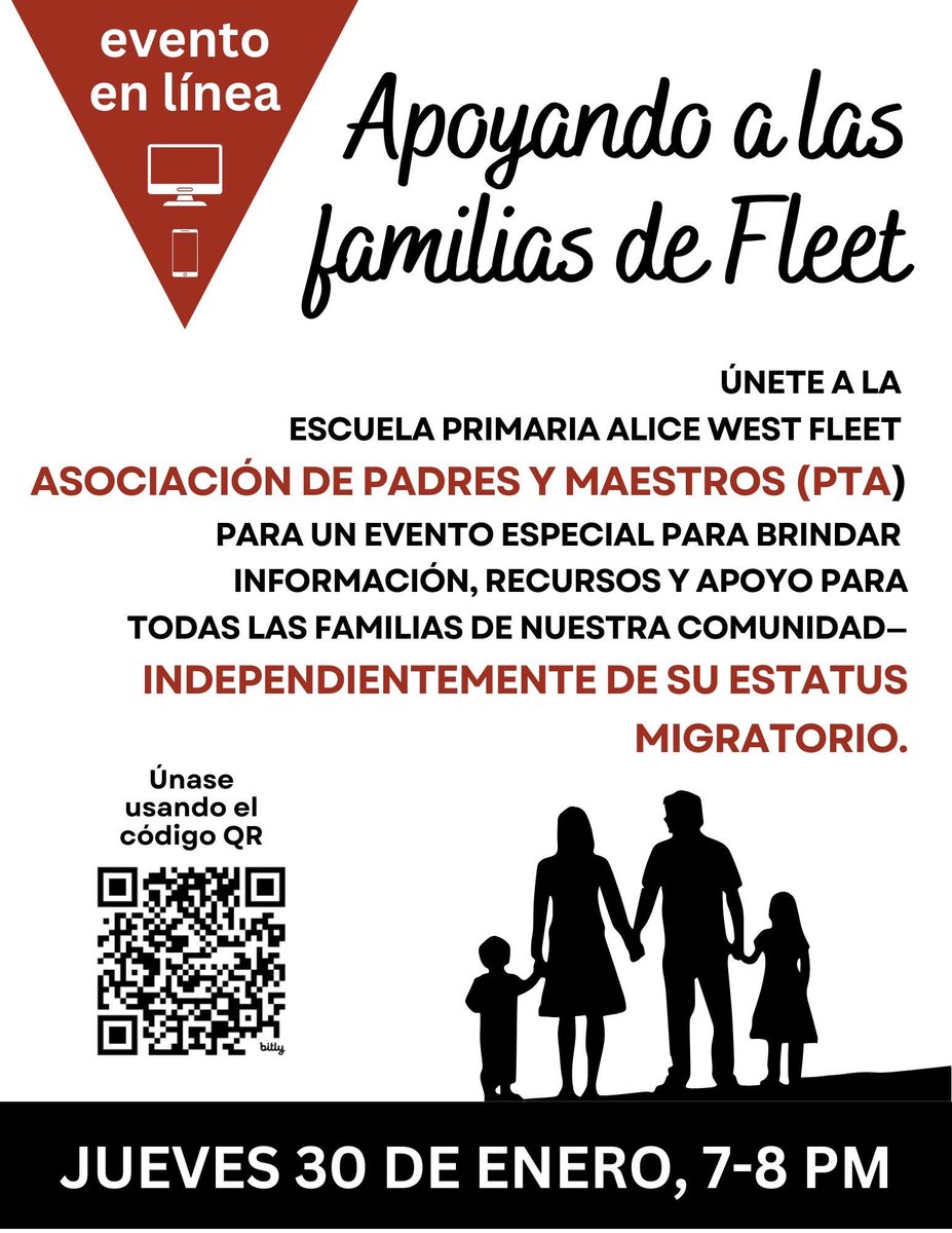 APSFleetPTA (@apsfleetpta) on Twitter photo ๐
Save the Date!
Jan 30 | 7-8 PM
Join the Alice West Fleet Elementary PTA for a special virtual event to provide support, resources, & info for ALL familiesโregardless of immigration status. ๐๐ฌ
๐ Zoom link: email-link.parentsquare.com/ls/click?upn=uโฆ
๐ Time: 7-8 PM
Letโs support each other! ๐
Save the Date!
Jan 30 | 7-8 PM
Join the Alice West Fleet Elementary PTA for a special virtual event to provide support, resources, & info for ALL familiesโregardless of immigration status. ๐๐ฌ
๐ Zoom link: email-link.parentsquare.com/ls/click?upn=uโฆ
๐ Time: 7-8 PM
Letโs support each other!