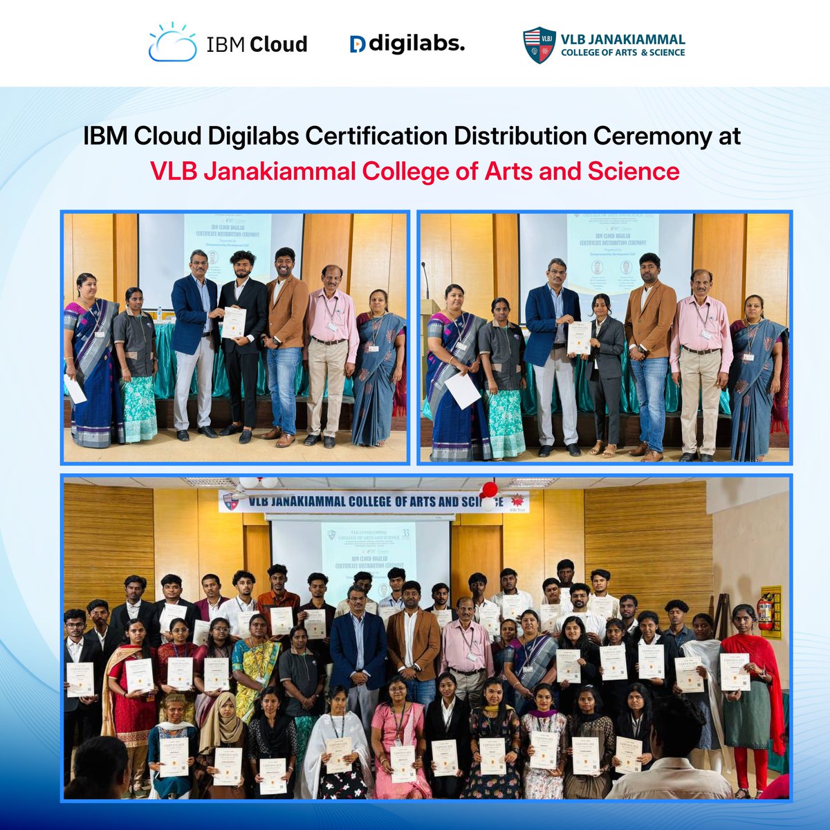 DigiLabs_'s tweet image. The IBM Cloud Digilabs program certification distribution ceremony was held at VLB Janakiammal College of Arts and Science.

#IBMCloud #Digilabs #CloudComputing #SkillDevelopment #HigherEducation #Certification #VLBJCAS #VLB #Starsystems
