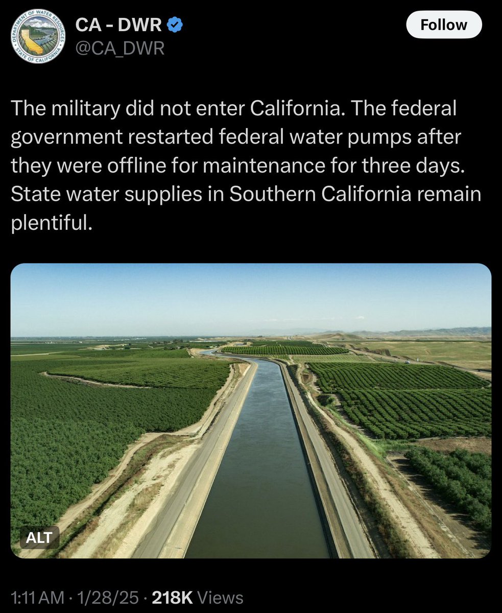Trump says he ordered the military to go into CA last night to “turn on the water.” CA responds.
