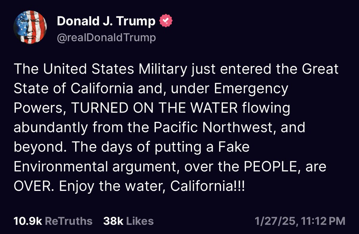 RonFilipkowski's tweet photo. Trump says he ordered the military to go into CA last night to “turn on the water.” CA responds. https://t.co/vUN64dNKH8