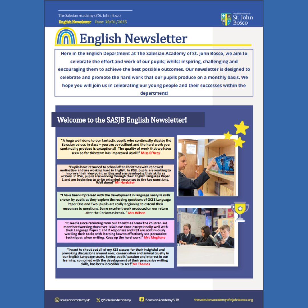 SalesianAcademy's tweet image. Our January English #newsletter has arrived!

Read on to find out about what we are learning this term, English in the news and books of the month!

thesalesiansacademyofstjohnbosco.org/News/Newslette…

#ReadingMatters #RUAH