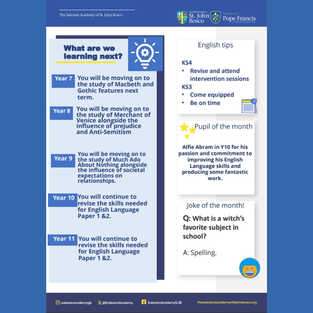 SalesianAcademy's tweet image. Our January English #newsletter has arrived!

Read on to find out about what we are learning this term, English in the news and books of the month!

thesalesiansacademyofstjohnbosco.org/News/Newslette…

#ReadingMatters #RUAH