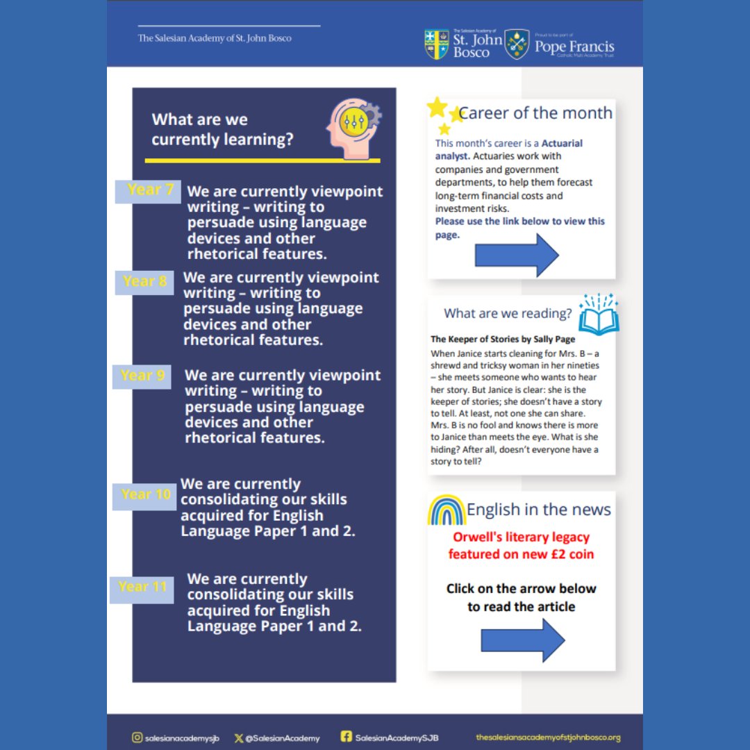 SalesianAcademy's tweet image. Our January English #newsletter has arrived!

Read on to find out about what we are learning this term, English in the news and books of the month!

thesalesiansacademyofstjohnbosco.org/News/Newslette…

#ReadingMatters #RUAH