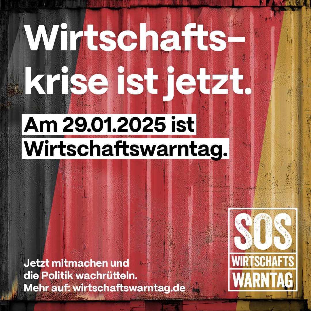 🚨 #Wirtschaftswarntag 𝐚𝐦 29. 𝐉𝐚𝐧𝐮𝐚𝐫
Am bundesweiten Wirtschaftswarntag machen mehr als 100 Arbeitgeber- &amp; Wirtschaftsverbände und hunderte Unternehmen auf dramatische Lage der deutschen Wirtschaft aufmerksam.
Alle Aktionen &amp; Infos: wirtschaftswarntag.de
#SOSWirtschaft