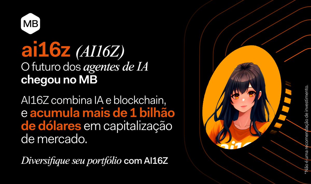 O futuro dos agentes de IA chegou no MB. ai16z (AI16Z) é um projeto  revolucionário que combina inteligência artificial e blockchain para  transformar a gestão de investimentos. Destaques do AI16Z: 🔸Gerenciamento  por