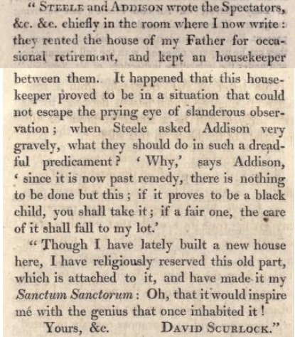 SueCooperBridge's tweet image. #SnippetsOfHistory📜
Amusing piece from a letter written in 1787 by Rev. David Scurlock, residing at Lovehill Farm, Langley, Berks. From the conversation between Addison and Steele, it is quite obvious one had dark hair &amp;amp; the other fair!
#18thCentury #JosephAddison #RichardSteele