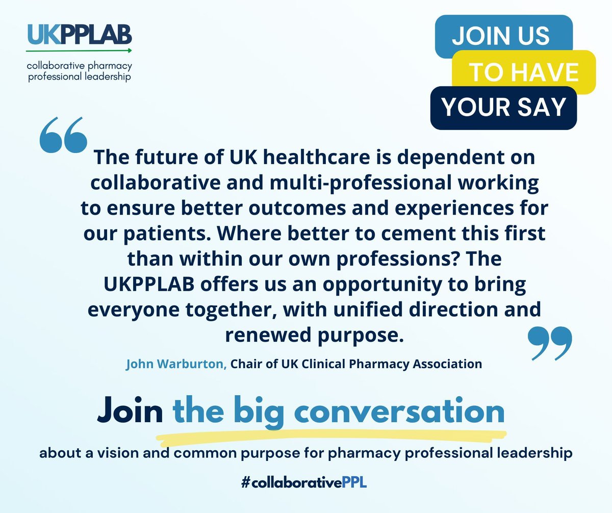 UKCPA's tweet photo. Join @UKCPA Chair, John Warburton, on 11 February at 4pm, who will be leading the Big Conversation on a collaborative approach to pharmacy professional leadership of the future. @UKPPLBoard #collaborativePPL #haveyoursay https://t.co/fNtZlVIfFM https://t.co/eu3Bimqmm5