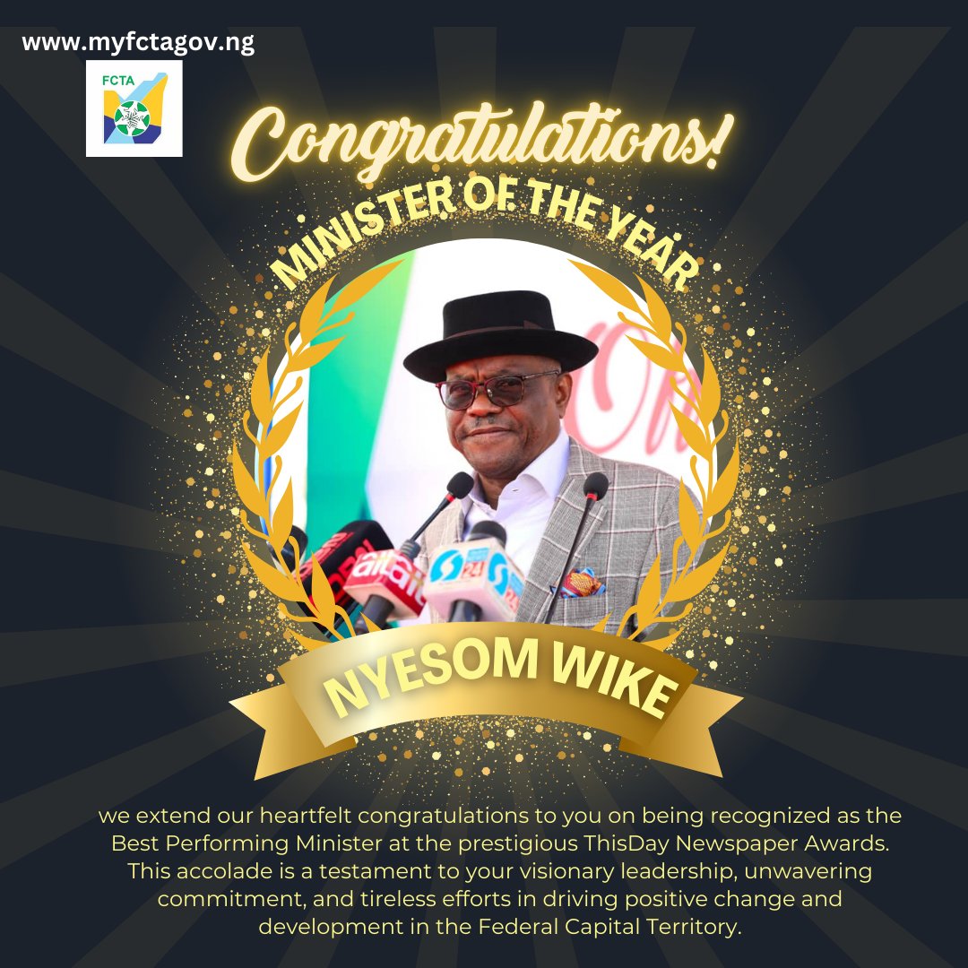 myfctagov's tweet photo. Congratulations Minister of the Year 2024 ThisDay Awards
#AbujaAWorldClassCity #NigeriaIsTheHeadOfAfrica. #RenewedFCT
#WikeIsWorking #fctisworking #tinubuadministration #TinubuRoadmap #RenewedHopeAgenda #nigeria #Myfctagov https://t.co/lFNHiZrfpD