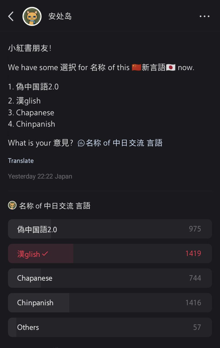 jpnchnlang's tweet photo. I 問 小紅書 users which 名称 they prefer. And....

Tooooooo close!!!!

#漢glish #Chinpanish https://t.co/Gsp1wOsT3g