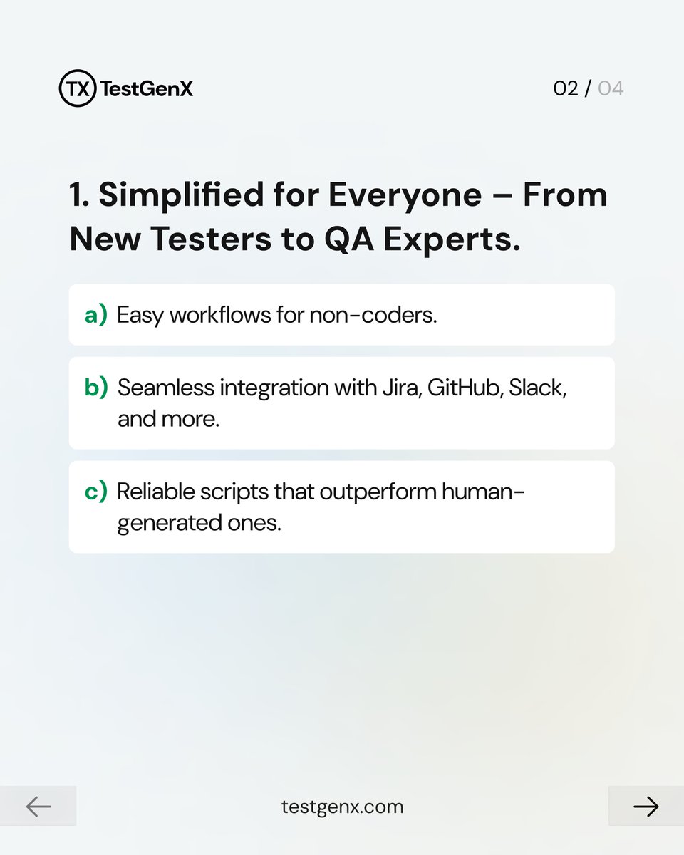 testgenx's tweet photo. 🚀 Test Smarter, Not Harder with TestGenX!

Say goodbye to slow manual testing &amp; complex automation. Effortless, no-code for everyone.

✔️ No coding required
✔️ 4x-5x faster
✔️ Parallel execution
Transform your QA process today!

#testing #automationtesting #techinsight #alphabin https://t.co/YOyaZewzhE