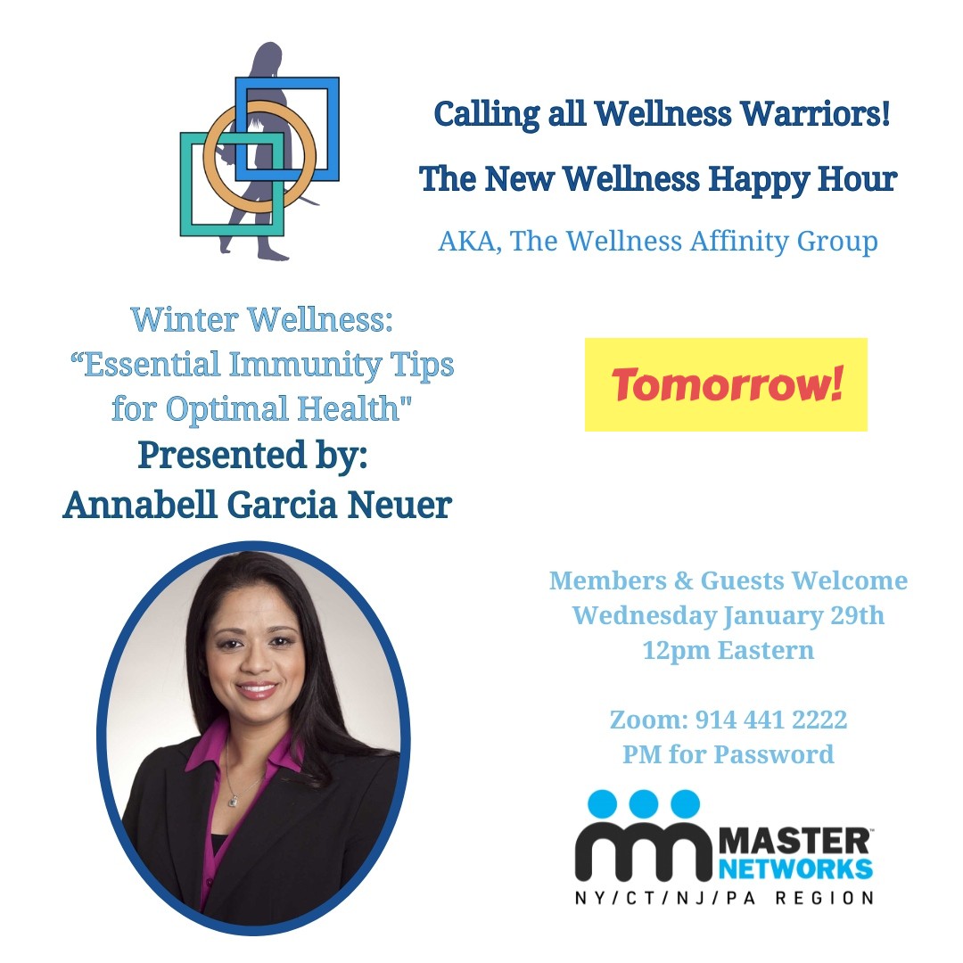 Networking_NY's tweet image. Join us for the first Wellness Happy Hour of 2025 Tomorrow, January 29 at 12 PM EST!

Dr. Annabell Garcia-Neuer will be sharing her expertise on "Winter Wellness: Essential Immunity-Boosting Tips for Optimal Health."

Don’t miss this opportunity to learn how to stay healthy an...