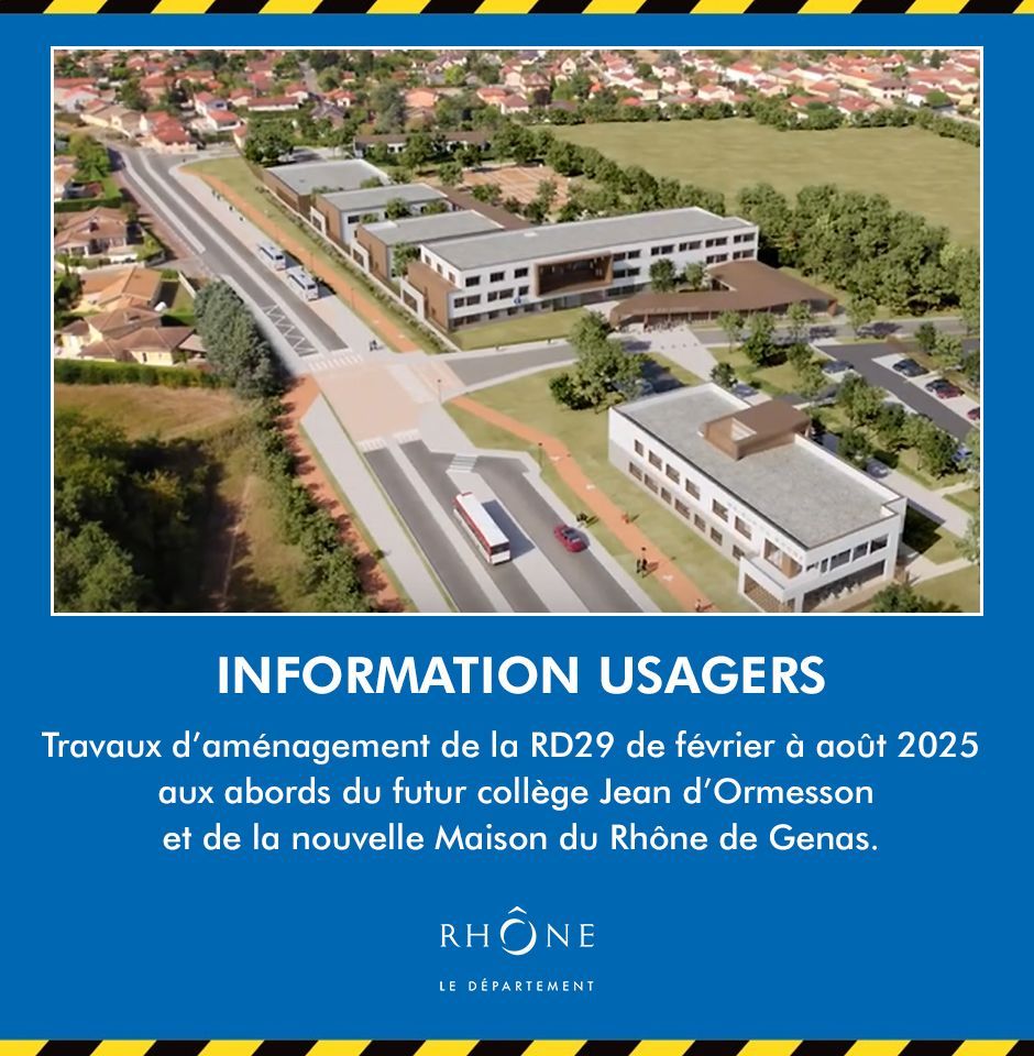 👉 Dès le 03/02, des travaux de voirie sur la RD29 accompagneront la construction du collège Jean d’Ormesson et de la Maison du Rhône à Genas.

📆 Fin prévue : août (travaux nocturnes en été pour limiter les impacts).

🖱️ Plus d’infos : buff.ly/3PRueod