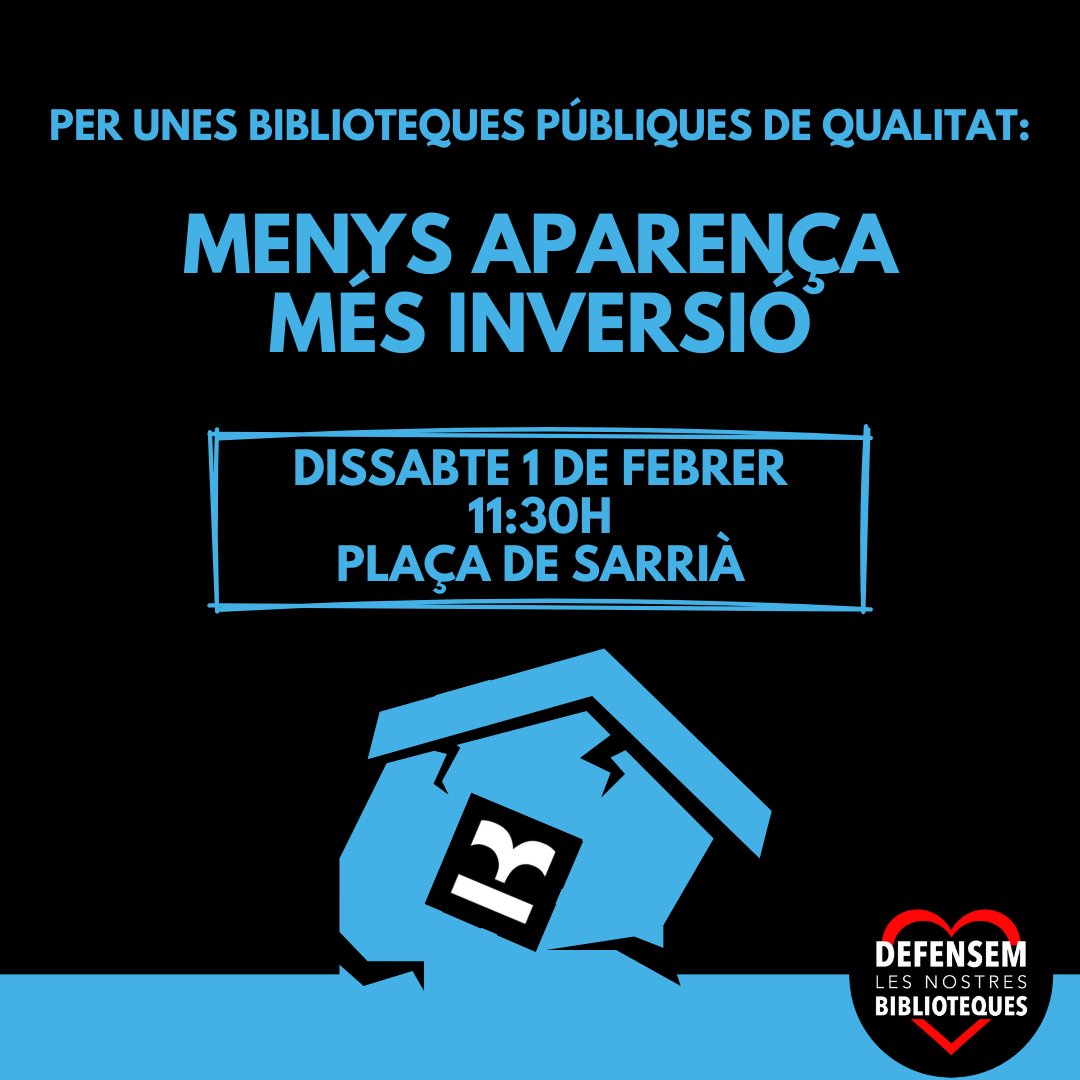 Defensem Biblios Bcn (@defensembiblios) on Twitter photo Aquest dissabte 1 de febrer l'alcalde <a href="/jaumecollboni/">Jaume Collboni</a> inaugura la 41ª biblioteca de <a href="/BibliotequesBCN/">BibliotequesBCN</a>, un cop més ignorant les reivindicacions del personal.
🔥 Sortirem al carrer a mostrar el nostre malestar.
✊🏻 Acompanya'ns a defensar les nostres biblioteques!
📌 11:30h Pl. Sarrià Aquest dissabte 1 de febrer l'alcalde <a href="/jaumecollboni/">Jaume Collboni</a> inaugura la 41ª biblioteca de <a href="/BibliotequesBCN/">BibliotequesBCN</a>, un cop més ignorant les reivindicacions del personal.
🔥 Sortirem al carrer a mostrar el nostre malestar.
✊🏻 Acompanya'ns a defensar les nostres biblioteques!
📌 11:30h Pl. Sarrià