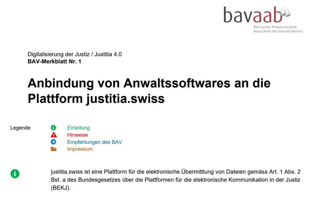 Der Bernische Anwaltsverband #BAV hat ein Merkblatt zur Anbindung von Anwaltssoftwares an die Plattform justitia.swiss veröffentlicht. Mehr dazu: bav-aab.ch/de/digitalisie…
FR: bav-aab.ch/fr/digitalisie…