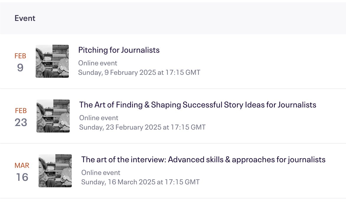 Matt Potter / mattpotteruk.bsky.social (@mattpotter) on Twitter photo "By far the most worthwhile & rewarding course I've attended! ⭐⭐⭐⭐⭐"
Spring '25's transatlantic online seminars for journos are live!
The NYT's <a href="/CaitlinKellyNYC/">🇨🇦 Caitlin Kelly: journalist, writing coach</a> & I kick off with 'More Successful Pitching for Journalists' (Feb 9th).
Join us!
eventbrite.co.uk/e/pitching-for… "By far the most worthwhile & rewarding course I've attended! ⭐⭐⭐⭐⭐"
Spring '25's transatlantic online seminars for journos are live!
The NYT's <a href="/CaitlinKellyNYC/">🇨🇦 Caitlin Kelly: journalist, writing coach</a> & I kick off with 'More Successful Pitching for Journalists' (Feb 9th).
Join us!
eventbrite.co.uk/e/pitching-for…