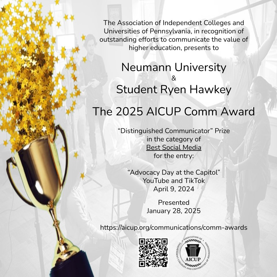 AICUP (@aicup) on Twitter photo Congratulations <a href="/NeumannUniv/">Neumann University</a> and student Ryen Hawkey, recipients of the 2025 𝗔𝗜𝗖𝗨𝗣 𝗖𝗼𝗺𝗺 𝗔𝘄𝗮𝗿𝗱 “Distinguished Communicator” Prize in 𝗕𝗲𝘀𝘁 𝗦𝗼𝗰𝗶𝗮𝗹 𝗠𝗲𝗱𝗶𝗮.
👉Read more: aicup.org/communications…
#neumann #university #college #highered #AICUP #pennsylvania Congratulations <a href="/NeumannUniv/">Neumann University</a> and student Ryen Hawkey, recipients of the 2025 𝗔𝗜𝗖𝗨𝗣 𝗖𝗼𝗺𝗺 𝗔𝘄𝗮𝗿𝗱 “Distinguished Communicator” Prize in 𝗕𝗲𝘀𝘁 𝗦𝗼𝗰𝗶𝗮𝗹 𝗠𝗲𝗱𝗶𝗮.
👉Read more: aicup.org/communications…
#neumann #university #college #highered #AICUP #pennsylvania