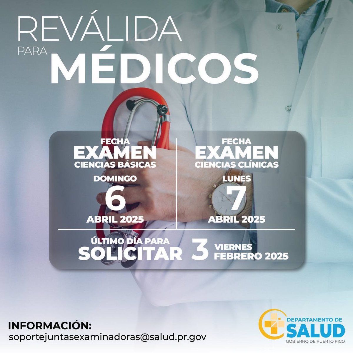 desaludpr's tweet image. La Oficina de Reglamentación y Certificación de Profesionales de Salud y Junta de Licenciamiento y Disciplina Médica, informan que el último día para radicar solicitudes para el examen de reválida de medicina es el 3 de febrero de 2025
#JuntasExaminadoras