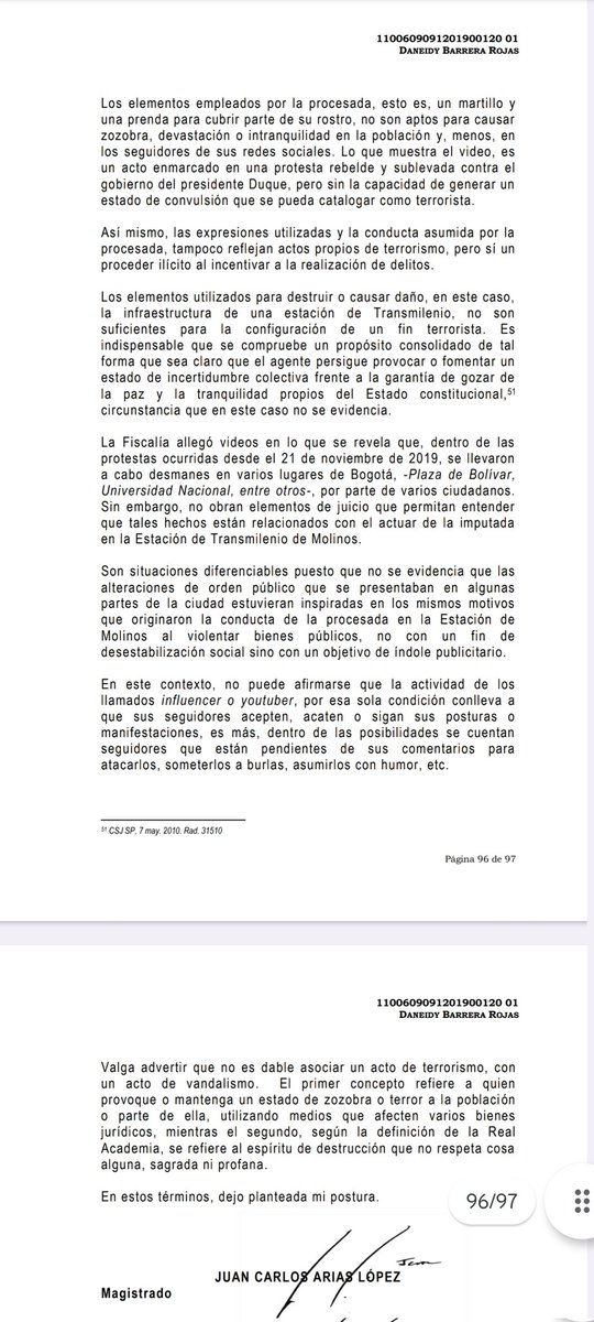 PereiraYPereira's tweet photo. De la condena de Epa Colombia ratificada por la @CorteSupremaJ, es importante recordar el Salvamento de Voto del Magistrado Juan Carlos Arias del Tribunal de Bogotá Sala Penal.

No es lo mismo instigar a delinquir con fines terroristas a "fines vandalicos" . https://t.co/cyhb8aamwF