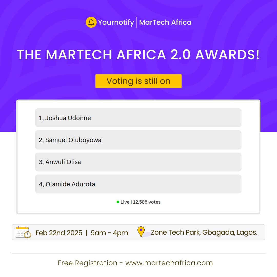 yournotify's tweet photo. We see how you’ve been voting for your faves! There’s still time to show your support in the open categories! 

Don’t miss out, head to https://t.co/yCMDQ1fq3g to vote before time runs out!

#martechafrica2025 #contentmarketing #emailmarketing #digitaltransformation #Martech2.0 https://t.co/27rLfLWcDm