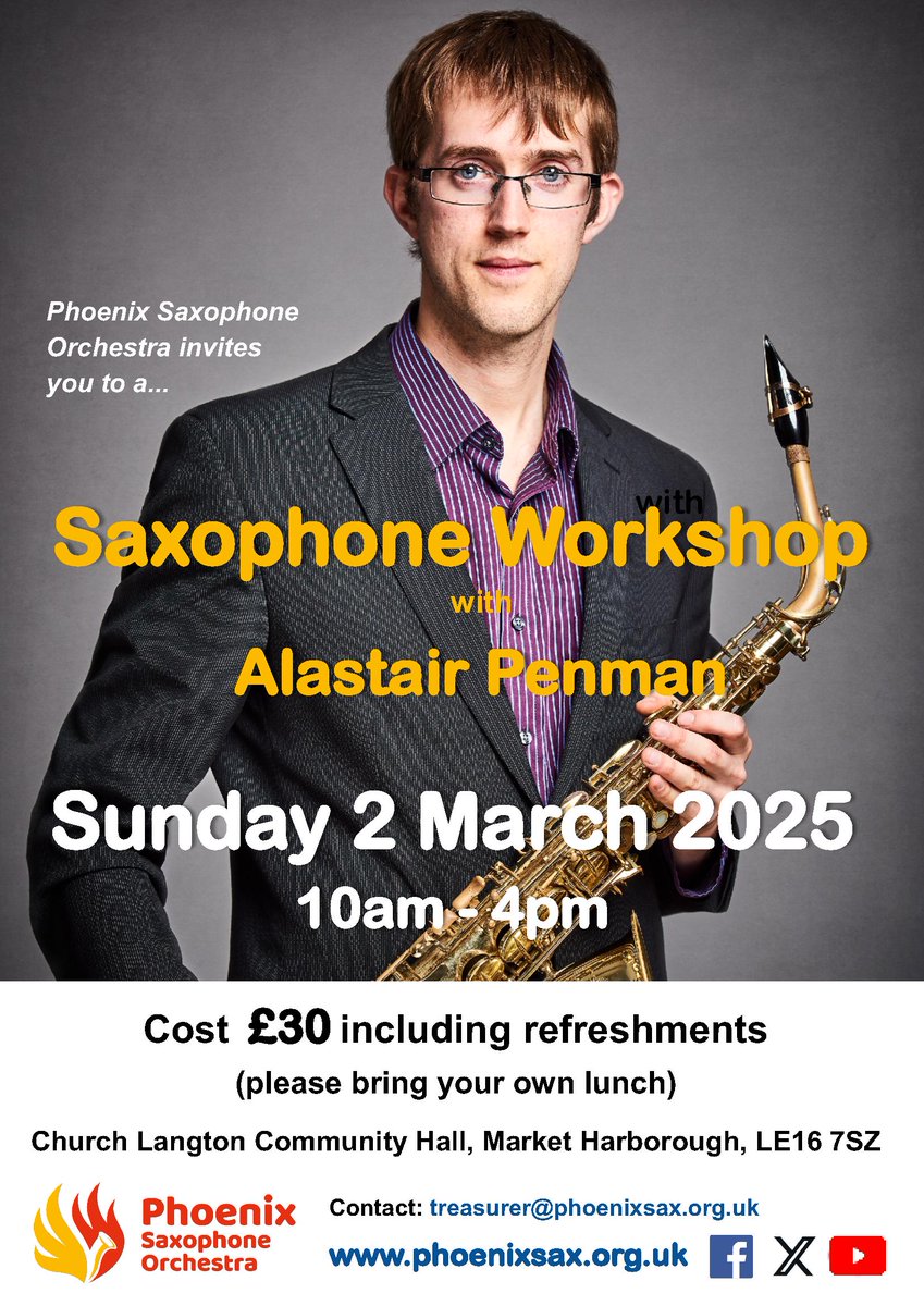PhoenixSaxOrg's tweet image. Really looking forward to this workshop with @Alastair_Penman  on Sunday 2 March! See our website for more information 🙂🎷 phoenixsax.org.uk/event/alastair…