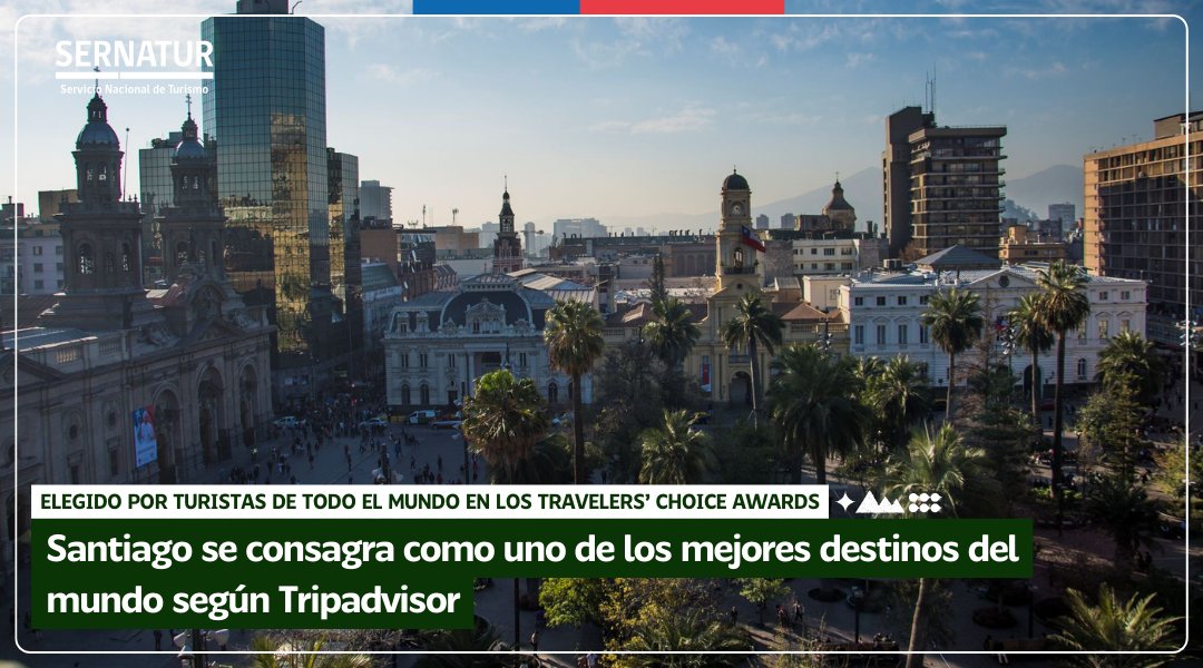 La capital del país se ubicó entre los destinos de mayor tendencia en la plataforma 🔝
Alcanzó el puesto 🔟 a nivel sudamericano y en el 2⃣3⃣ a nivel mundial en los Travelers’ Choice Awards 🏆
🔗 ¿Qué hace a Santiago tan especial? Descúbrelo en sernatur.cl/santiago-se-co….