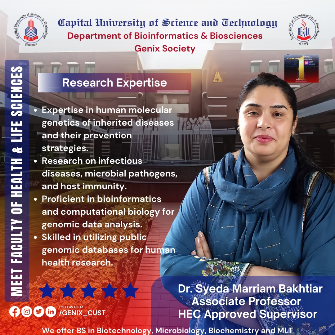 Genix_cust's tweet photo. **Meet the Faculty of Health and Life Sciences**  

Dr. Marriam Bakhtiar, Associate Professor and HEC-approved supervisor, specializes in human molecular genetics of inherited diseases and their prevention strategies. https://t.co/EW9CDvohgq