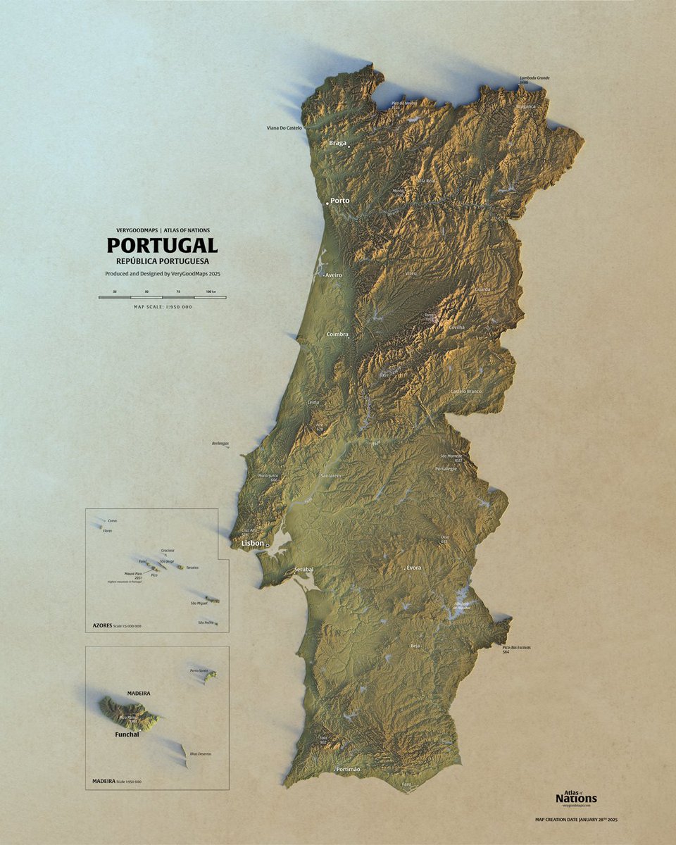 verygoodmaps's tweet photo. Atlas of Nations 9: Portugal at sunrise.

I really don’t like doing insets. You sort of like have to cram them in. But hey it’s Madeira and Azores.

All maps in this series have vertical exaggeration. 
Next up: Asian country.

#Portugal https://t.co/sOXg5nOvrZ