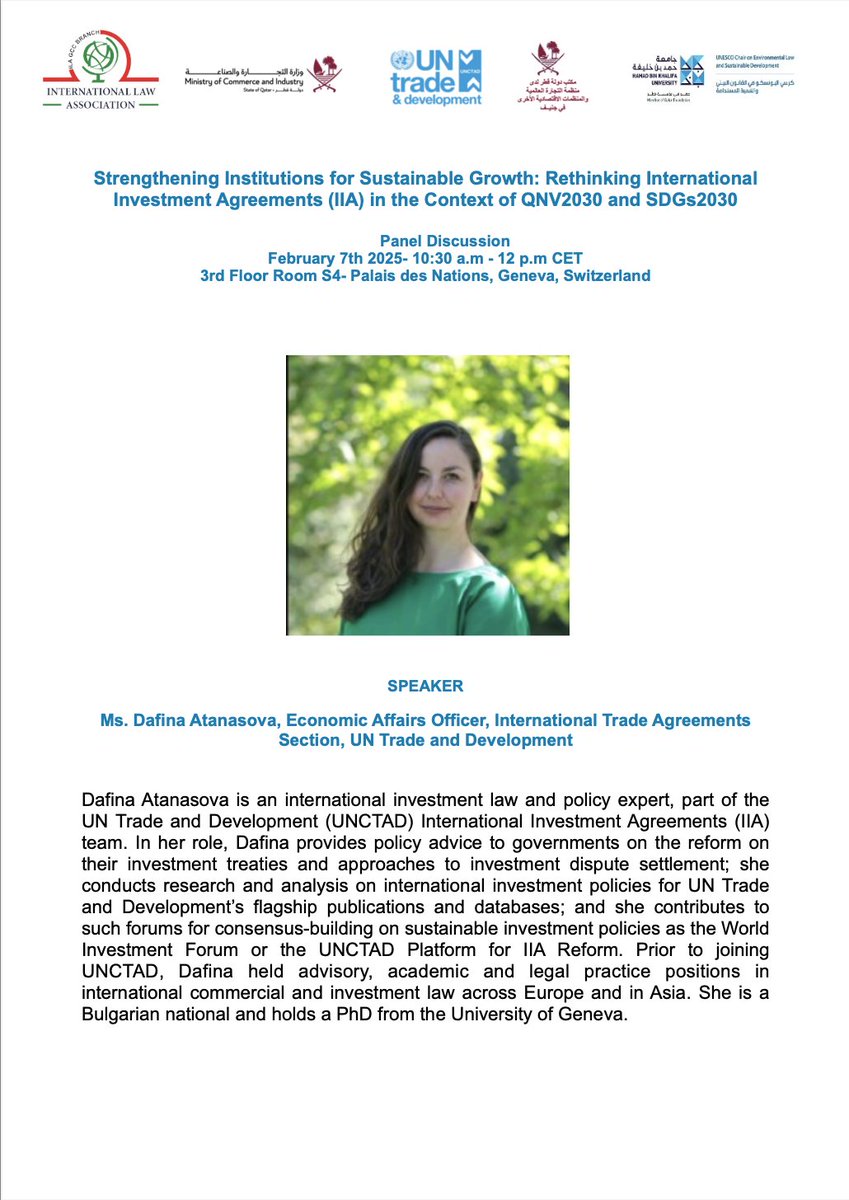 ILA Gulf Cooperation Council Branch (@ilagulfccouncil) on Twitter photo Excited to announce our upcoming panel discussion:
"Strengthening Institutions for Sustainable Growth: Rethinking IIAs in the Context of QNV2030 & SDGs2030"
Join us as we welcome <a href="/Dafinata/">Dafina Atanasova</a> Dafina Atanasova, an international investment law & policy expert from <a href="/UNCTAD/">UN Trade and Development</a>, who advises Excited to announce our upcoming panel discussion:
"Strengthening Institutions for Sustainable Growth: Rethinking IIAs in the Context of QNV2030 & SDGs2030"
Join us as we welcome <a href="/Dafinata/">Dafina Atanasova</a> Dafina Atanasova, an international investment law & policy expert from <a href="/UNCTAD/">UN Trade and Development</a>, who advises