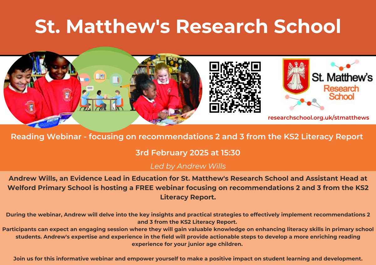 St. Matthew's C.E. Primary School (@stmattscofe) on Twitter photo 📖Join <a href="/a_wills87/">Andrew Wills</a>, Evidence Lead in Education, for a FREE webinar on implementing recommendations 2 and 3 from the KS2 Literacy Report!
us06web.zoom.us/meeting/regist… 📖Join <a href="/a_wills87/">Andrew Wills</a>, Evidence Lead in Education, for a FREE webinar on implementing recommendations 2 and 3 from the KS2 Literacy Report!
us06web.zoom.us/meeting/regist…