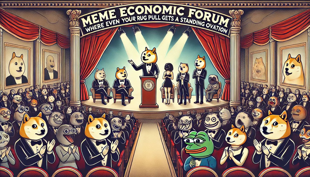 MemeEconForum's tweet photo. 🚨 BREAKING: The Meme Economic Forum ($MEF) has called an emergency summit. Rumors of backroom deals, NFT bribes, and Elon Musk’s “casual” involvement are swirling. 🐶🐸🦅

💥 Official CA will ONLY be dropped here and on Telegram. Stay tuned, memecoin fam. Something BIG coming https://t.co/NFvgosSjD8